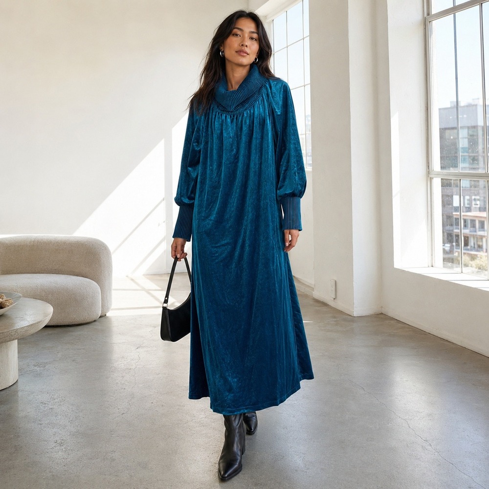 Vintage R. Michael Alan Teal Velvet Maxi Dress Cowl Neck Medium USA